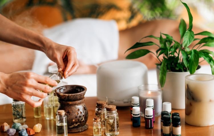 Spa setup showcasing best essential oil brands and aromatic blends