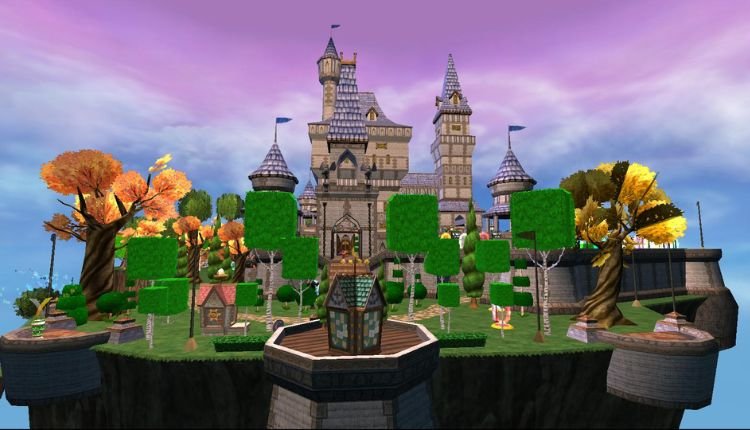 Wizard101 floating castle with vibrant trees and gardens.