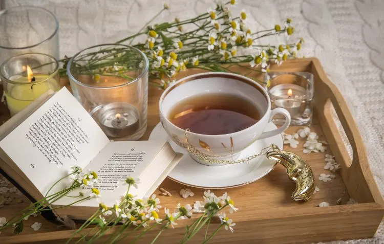A cozy tea setup with chamomile tea and a book - What Does Chamomile Tea Taste Like